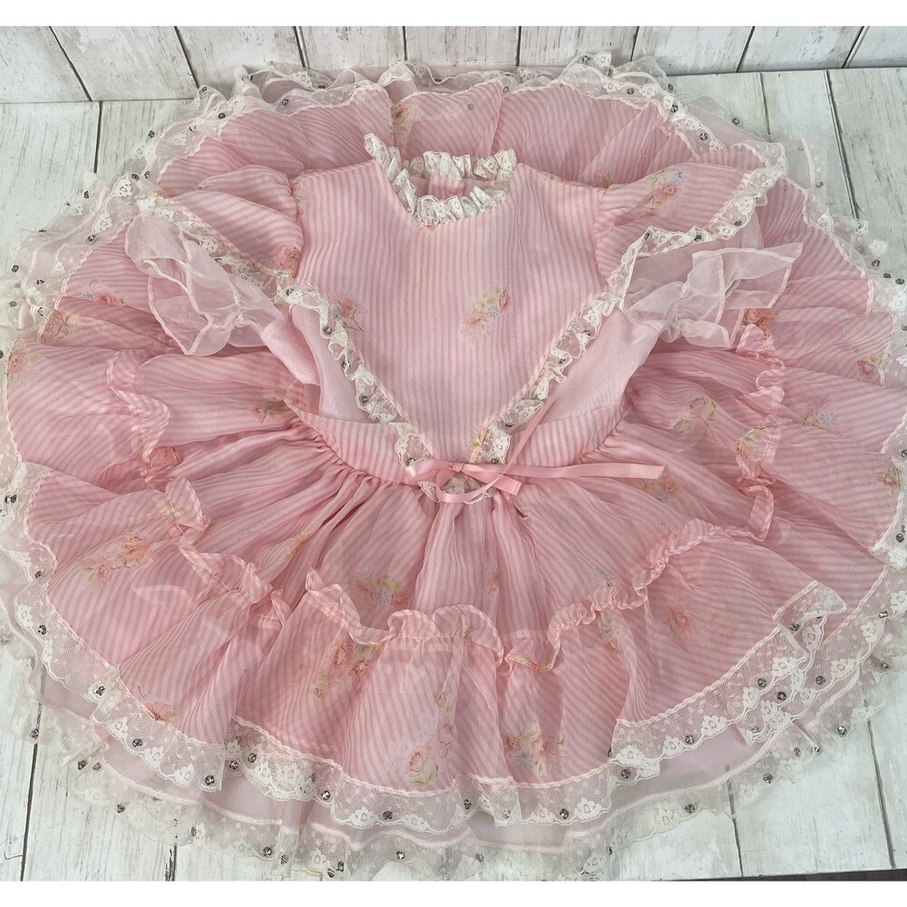 Marthas Miniatures Pageant Circle Dress Pink Stripes Floral Ruffles Bell Sz 4